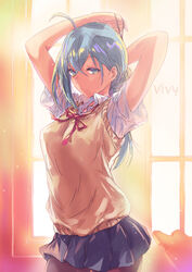  ahoge black_pantyhose blue_eyes blue_hair blue_skirt cowboy_shot female highres matsukura_nemu pantyhose school_uniform short_sleeves skirt solo sunlight sunset sweater_vest tying_hair vivy vivy:_fluorite_eye&#039;s_song window 