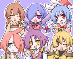  100_percent_orange_juice 6+girls :&lt; :d ^_^ ahoge alicianrone alte_(orange_juice) animal_ears apron aru_(orange_juice) blonde_hair blue_eyes blue_hair blush bow braid brown_eyes brown_hair brown_jacket brown_shirt ceoreparque_(orange_juice) closed_eyes closed_mouth coat commentary_request double_v dress facing_viewer flying_red_barrel fur_collar hair_over_one_eye hands_up hat heart hono jacket long_hair long_sleeves looking_at_viewer marc_(orange_juice) multiple_girls no_nose official_art one_eye_covered open_mouth outline pink_bow purple_background purple_dress purple_eyes purple_hair qp_shooting rabbit_ears red_eyes red_headwear red_jacket saki_(orange_juice) santa_costume santa_hat shirt sleeves_past_wrists smile suguri tomomo_(orange_juice) twin_braids twintails v white_apron white_outline white_shirt yellow_coat yellow_eyes 