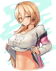  blush breasts closed_mouth clothes_lift female jacket large_breasts lifting_own_clothes light_brown_hair long_hair looking_at_viewer midriff moppo nijisanji nui_sociere nui_sociere_(2nd_costume) off_shoulder pink_jacket print_shirt shirt shirt_lift simple_background smile solo upper_body very_long_hair virtual_youtuber white_shirt yellow_eyes 