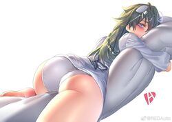  ass back bad_id bad_weibo_id barefoot blush braid dakimakura_(object) eyewear_on_head female furrowed_brow glasses green_hair half-closed_eyes hugging_object long_hair looking_at_viewer lying no_pants on_stomach original panties pillow pillow_hug purple_eyes redauto shirt simple_background solo thighs underwear weibo_logo weibo_watermark white_background white_panties white_shirt 