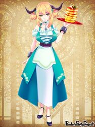  animal_ears arm_at_side black_horns blonde_hair blue_dress bracelet breasts brown_background cleavage copyright_name cow_ears dress female food full_body green_eyes holding holding_tray horns jewelry large_breasts medium_hair mi3m necklace pancake pancake_stack pandora_party_project sidelocks simple_background solo tray 