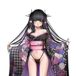  absurdres alternate_costume aura black_fundoshi black_hair black_kimono blunt_bangs blush breasts checkered_clothes checkered_kimono checkered_sash commentary cowboy_shot demon_girl demon_horns doryudory female floral_print fundoshi highres horns jacket japanese_clothes kimono kojo_anna long_hair long_sleeves looking_at_viewer medium_breasts multicolored_clothes multicolored_hair multicolored_kimono nanashi_inc. navel obi off_shoulder parted_lips pink_sash pointy_ears print_kimono purple_hair purple_kimono sash simple_background solo sugar_lyric transparent_background twintails two-tone_hair virtual_youtuber yellow_eyes 