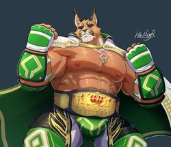  1boy abs animal_ear_request bara bare_pectorals bonti1age brown_fur bulge cape crave_saga elbow_pads fingerless_gloves forked_eyebrows frown gloves green_cape green_shorts hands_up jewelry large_belt large_bulge large_pectorals leggings looking_to_the_side male_focus mma_gloves muscular muscular_male necklace nipples pectorals sergio_(crave_saga) shorts solo stomach thick_eyebrows thick_thighs thighs tight_clothes wrestling_outfit 