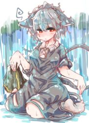  absurd_res ahoge animal_humanoid blush breasts capelet clothed clothing dress female footwear grey_hair hair hi_res humanoid mammal mammal_humanoid mouse_humanoid murid murid_humanoid murine murine_humanoid nazrin red_eyes rodent rodent_humanoid sabitare short_hair sitting socks solo touhou water wet wet_clothing wet_hair 