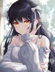  :d absurdres black_hair blue_hair blush bow bra_strap collarbone dress female grin hairbow hand_on_own_cheek hand_on_own_face highres lens_flare lilpa long_hair long_sleeves looking_at_viewer multicolored_hair off-shoulder_dress off_shoulder orange_eyes parted_lips ryon_y0421 smile solo streaked_hair two-tone_hair upper_body very_long_hair virtual_youtuber waktaverse white_bow white_dress 