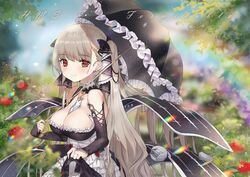  artist_name azur_lane bare_shoulders between_breasts black_umbrella blurry blurry_background blush breasts character_name collarbone commentary_request dress female flight_deck flower formidable_(azur_lane) frilled_dress frilled_umbrella frills large_breasts leaf long_hair looking_at_viewer md5_mismatch outdoors platinum_blonde_hair rainbow red_eyes red_flower red_rose resolution_mismatch rose seozo source_larger twintails two-tone_dress two-tone_ribbon umbrella upper_body 