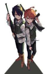  1boy ahoge arm_up artist_name bandaid bandaid_on_cheek bandaid_on_face bandaid_on_nose black_hair black_pants boots brown_footwear bulletproof_vest closed_mouth collar collared_shirt commentary emma_(yakusoku_no_neverland) female full_body green_eyes gun highres holding holding_gun holding_weapon injury long_sleeves looking_at_viewer neck_tattoo number_tattoo orange_hair pants parted_lips ray_(yakusoku_no_neverland) ri_(catallarii) rifle scratching_cheek serious shadow shirt short_hair simple_background standing tattoo underwear vest weapon white_background white_shirt yakusoku_no_neverland 