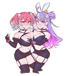  2girls alternate_costume asymmetrical_docking black_gloves black_skirt blue_hair breast_press breasts cleavage cropped_legs drooling elbow_gloves emu_(confisery) emu_lapis_(vtuber) english_commentary ghost_hair_ornament gloves grabbing grabbing_another&#039;s_breast heart highres large_breasts licking_lips long_hair looking_at_viewer lumilive matching_outfits medium_breasts multiple_girls partially_fingerless_gloves purple_eyes purple_hair red_hair reiyu_guigui skirt thighhighs tongue tongue_out twintails virtual_youtuber white_background yuri 