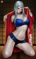  bare_shoulders blue_bra blue_panties blush bra breasts byakugan collarbone commentary english_commentary female grey_eyes grey_hair indoors japanese_clothes kimono kneeling large_breasts linea_alba lips lipstick long_hair looking_at_viewer makeup midriff nail_polish naruto naruto_(series) naruto_shippuuden navel ootsutsuki_kaguya pale_skin panties patreon_logo patreon_username print_kimono realistic red_eyes red_kimono red_lips red_nails rinne_sharingan short_eyebrows solo stomach strapless strapless_bra thick_eyebrows thighs third_eye underwear undressing white_eyes yiqiang 