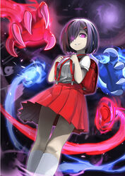  absurdres aura backpack bag baniran_dorosu black_hair classroom claws creature female floating ghost glowing glowing_eyes hair_ornament hairclip hanako-san_(toire_no_hanako-san) highres indoors paper parted_lips purple_eyes red_bag red_skirt school_uniform short_hair skirt smile socks standing toilet_paper toire_no_hanako-san traditional_youkai uniform urban_legend white_legwear 