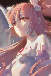  arms_at_sides breasts chelonia choker close-up commentary_request dark_background dress eyelashes eyes_visible_through_hair female glowing hair_ribbon happy highres kaname_madoka long_hair looking_away mahou_shoujo_madoka_magica mahou_shoujo_madoka_magica_(anime) pink_hair ribbon shaded_face simple_background small_breasts smile solo two_side_up ultimate_madoka upper_body white_choker white_dress white_ribbon wide_sleeves yellow_eyes 