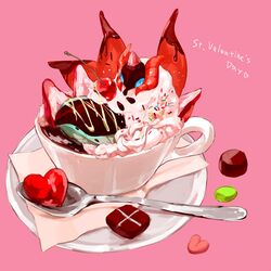  buntatta cherry commentary_request cream cup food food_focus fruit heart in_container in_cup napkin no_humans pokemon saucer spoon strawberry valentine volcarona 