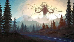  1other commentary day eldritch_abomination forest giant giant_monster grass halo monster mountain nature original outdoors photoshop_(medium) road scenery sky solo tentacle toy(e) tree yuugai_choujuu 