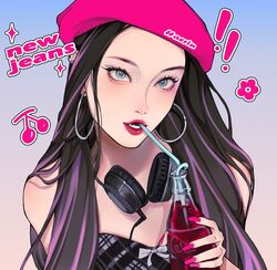  ! !! bendy_straw beret black_hair black_shirt blue_eyes bow cable character_name chinese_commentary commentary_request copyright_name drinking_straw drinking_straw_in_mouth earrings eyeliner eyeshadow female gradient_background grey_bow haerin_(newjeans) hat headphones headphones_around_neck highres hoop_earrings jewelry k-pop long_hair makeup multicolored_hair newjeans open_mouth oxide_(oxidego) pink_eyeshadow pink_hat portrait procreate_(medium) purple_hair real_life realistic red_lips shirt solo strapless strapless_shirt streaked_hair 