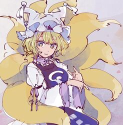  \n/ animal_ears blonde_hair breasts commentary double_\n/ dress eyebrows_hidden_by_hair feet_out_of_frame female fox_tail hands hat long_sleeves looking_at_viewer md5_mismatch mozukuzu_(manukedori) multiple_tails painting_(medium) short_hair simple_background sleeves_past_elbows smile solo standing tabard tail touhou traditional_media watercolor_(medium) wide_sleeves yakumo_ran yellow_eyes 