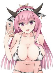  :d absurdres alternate_breast_size animal_ears animal_print bare_arms bare_shoulders breasts cellphone chinese_commentary chinese_new_year chinese_zodiac cleavage collarbone commentary_request cow_ears cow_horns cow_print cowboy_shot dot_nose fake_animal_ears female fingernails hair_between_eyes hair_ornament hand_up happy_new_year highres holding horns huge_breasts long_hair looking_at_viewer mitsukasa_ayase navel open_mouth phone pink_eyes pink_hair qumai79 riddle_joker sagging_breasts selfie simple_background smile solo white_background year_of_the_ox 