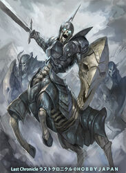  3boys animal_skull armor blue_eyes breastplate broken_horn centaur cloud cloudy_sky copyright_name fake_horns fangs fantasy glowing glowing_eyes grey_sky helmet holding holding_sword holding_weapon horned_headwear horned_helmet horns last_chronicle monster mountain multiple_boys official_art open_mouth outdoors pauldrons photoshop_(medium) scratches shield shoulder_armor shousuke_(skirge) skeleton skull sky sword taur undead vambraces weapon 