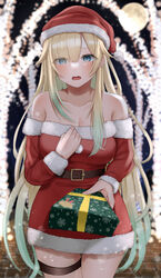  absurdres aizawa_ema bare_shoulders belt blonde_hair blue_eyes blue_hair blunt_bangs blush breasts brown_belt christmas christmas_lights cleavage collarbone cowboy_shot detached_sleeves dress eyes_visible_through_hair female full_moon fur-trimmed_dress fur-trimmed_headwear fur-trimmed_sleeves fur_trim gift gradient_hair hair_between_eyes hair_flaps hat highres holding holding_gift large_breasts long_hair long_sleeves looking_at_viewer moon multicolored_hair odashisan open_mouth outdoors red_dress red_hat santa_costume santa_hat short_dress snow solo strapless strapless_dress thigh_strap very_long_hair virtual_youtuber vspo! winter 