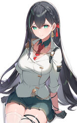  absurdres bad_id bad_pixiv_id black_gloves black_hair bow braid breasts closed_mouth collarbone earrings female gloves green_eyes green_hair green_skirt hair_between_eyes hairbow half_gloves highres jacket jewelry large_breasts lin_(tower_of_fantasy) looking_at_viewer multicolored_hair necktie pleated_skirt red_bow red_necktie rikoma simple_background skirt smile solo streaked_hair thighhighs tower_of_fantasy white_background white_jacket white_thighhighs 