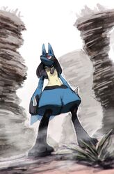  1other buntatta closed_mouth commentary_request fog from_below highres looking_up lucario partial_commentary pokemon pokemon_(creature) red_eyes solo spikes standing yellow_fur 