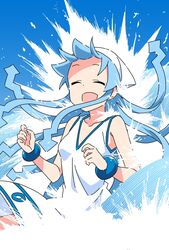  anbe_masahiro blue_hair blue_sky bracelet closed_eyes collarbone dress female hat highres ikamusume jewelry long_hair medium_dress ocean open_mouth outdoors shinryaku!_ikamusume sky sleeveless sleeveless_dress solo squid_hat tentacle_hair waves white_dress white_hat wind wind_lift 