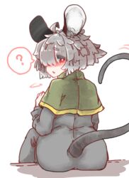  absurd_res ahoge animal_humanoid ass big_ears blush capelet clothed clothing dress female grey_hair hair hair_over_eye hi_res humanoid inner_ear_fluff looking_back mammal mammal_humanoid mouse_humanoid murid murid_humanoid murine murine_humanoid nazrin one_eye_obstructed question_mark rear_view red_eyes rodent rodent_humanoid sabitare short_hair sitting solo touhou tuft 