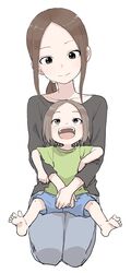  2girls :d absurdres barefoot black_shirt blue_pants blue_shorts brown_eyes brown_hair closed_mouth collarbone commentary forehead green_shirt head_tilt highres jaggy_lines karakai_jouzu_no_(moto)_takagi-san karakai_jouzu_no_takagi-san lolicon long_hair long_sleeves low_ponytail mother_and_daughter multiple_girls nishikata_chii open_mouth pants parted_bangs ponytail seiza shirt short_hair short_sleeves shorts simple_background sitting sitting_on_lap sitting_on_person smile soles takagi-san teeth upper_teeth_only white_background wide_sleeves yamamoto_souichirou 