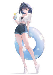  absurdres bare_legs bendy_straw blue_eyes blue_hair blue_innertube blue_shorts breasts cleavage closed_mouth collarbone commentary denim denim_shorts drinking_straw earrings english_commentary eyewear_on_head female food fruit full_body gold_earrings hair_between_eyes hair_intakes heel_up highres holding hololive hololive_english hoop_earrings innertube jewelry light_smile looking_at_viewer medium_breasts medium_hair midriff orange_(fruit) orange_slice ouro_kronii shirt shoes short_hair short_shorts short_sleeves shorts simple_background smile sneakers solo standing swim_ring thighs tokisaka_makoto virtual_youtuber white_background white_footwear white_shirt 