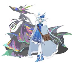  bag blue_dress blue_flower blue_footwear blue_hair cloak cloud_ya collared_dress commentary dress english_commentary female flower frilled_dress frills full_body fur-trimmed_cloak fur_trim grey_cloak griseo hair_between_eyes hat hat_flower high_heels highres holding holding_paintbrush honkai_(series) honkai_impact_3rd long_sleeves paintbrush pantyhose puffy_long_sleeves puffy_sleeves purple_eyes shoes shoulder_bag simple_background sleeves_past_wrists solo_focus standing white_background white_headwear white_pantyhose 