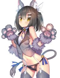  ame_sagari animal_ear_fluff animal_ears animal_hands ass_visible_through_thighs bare_shoulders bell black_panties black_vest blush cat_ears cat_girl cat_tail closed_mouth cowboy_shot fate/kaleid_liner_prisma_illya fate_(series) female garter_straps gloves hair_ornament hair_ribbon hairclip jingle_bell looking_at_viewer miyu_edelfelt miyu_edelfelt_(beast_style) navel panties paw_gloves purple_ribbon ribbon short_hair simple_background smile solo stomach tail tail_ornament tail_ribbon thighhighs two_side_up underwear vest white_background white_ribbon yellow_eyes 