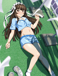  belt blue_belt blue_jacket blue_skirt blunt_bangs blush bow brown_eyes brown_hair closed_mouth cropped_jacket feet_out_of_frame female groin hair_ribbon hairbow ikkitousen jacket long_hair lying midriff miniskirt navel on_back pencil_skirt ribbon shiny_skin short_sleeves skirt socks solo stomach ten&#039;i_(ikkitousen) very_long_hair white_bow white_ribbon white_socks 