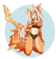  2019 absurd_res alpha_channel anthro blue_eyes clothing female fish hair hi_res kneeling looking_at_viewer marine murzikteijiro navel open_mouth shark simple_background solo striped_body stripes sushi_(sootsprite) swimwear teeth tongue transparent_background white_hair 