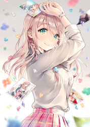  ancotaku arms_up blue_flower blurry blurry_background braid breasts brown_flower brown_hair closed_mouth collared_shirt commentary_request depth_of_field dress_shirt female flower green_eyes green_flower grey_background grey_shirt hair_flower hair_ornament highres holding holding_photo long_hair long_sleeves looking_at_viewer medium_breasts original photo_(object) pink_flower pink_skirt plaid plaid_skirt pleated_skirt purple_flower shirt skirt smile solo 