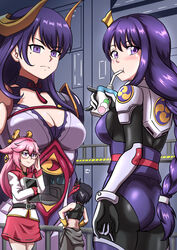  4girls absurdres adjusting_eyewear alternate_costume animal_ears armor ass atawatsho bespectacled bird_mask black_hair bodysuit breasts cleavage cockpit commentary dango dress drink drinking drinking_straw drinking_straw_in_mouth dual_persona earrings empty_eyes english_commentary food fox_ears fox_girl from_behind genshin_impact giant giantess glasses gundam hair_between_eyes hair_ornament hands_on_own_hips highres holding jewelry juice_box kujou_sara long_hair long_sleeves looking_at_viewer looking_back mask mask_on_head mechanization mitsudomoe_(shape) mole mole_under_eye multiple_girls normal_suit official_alternate_costume pencil_skirt pink_hair purple_dress purple_eyes raiden_shogun raiden_shogun_(magatsu_mitake_narukami_no_mikoto) short_hair shoulder_armor sidelocks size_difference skirt sleeveless tank_top tomoe_(symbol) vision_(genshin_impact) wagashi yae_miko 