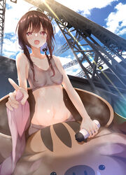  :d animal_costume bad_id bad_pixiv_id blue_sky boar_costume bottle breasts brown_hair cloud collarbone day female grey_sports_bra headset highres lens_flare long_hair looking_at_viewer medium_breasts midriff navel numpopo open_mouth original outdoors pink_eyes pointing sky smile solo sports_bra stage_lights standing sunlight sweat underwear water_bottle 