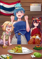  +_+ 3girls absurdres akaneko99999 alternate_costume animal_ears black_hair blonde_hair blue_eyes blue_hair burger calendar_(object) cat_ears commentary_request core63 crown curry dessert food highres looking_at_viewer mahou_shoujo_ikusei_keikaku multicolored_hair multiple_girls nemurin oerba_yun_fang orange_eyes pha_nung red_hair rice sabai smile thai_clothes thai_flag 