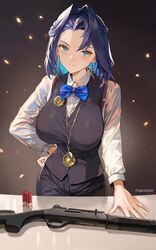  absurdres benelli_m4 black_hair black_pants black_vest blue_bow blue_bowtie blue_eyes blue_hair blush bow bowtie breasts brown_hair earrings female gun hair_intakes hand_on_own_hip highres hololive hololive_english jewelry john_wick large_breasts looking_at_viewer medallion merchant multicolored_hair ouro_kronii pants santafe99 shirt short_hair shotgun shotgun_shell smile solo suspenders table twitter_username vest virtual_youtuber weapon white_shirt 