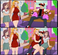  better_version_at_source blush breasts clothed clothing detailed_background dialogue ditto_(pokemon) english_text female generation_1_pokemon group hi_res human male mammal nintendo not_furry pokemon pokemon_(species) pokemon_speak pokemon_trainer red_(pokemon) shadman shape_shifter text transformation 