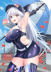  absurdres armpits azur_lane bouhuuu breasts clothing_cutout commentary_request enterprise_(azur_lane) enterprise_(wind_catcher)_(azur_lane) female grey_hair highres large_breasts long_hair official_alternate_costume open_mouth outdoors presenting_armpit purple_eyes race_queen side_cutout sunglasses teeth umbrella upper_teeth_only 