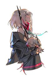  2girls bare_shoulders black_jacket black_tank_top blueblossom blush closed_mouth commentary cropped_torso girls&#039;_frontline grey_hair hair_between_eyes headgear highres jacket long_hair long_sleeves m4_sopmod_ii_(girls&#039;_frontline) m4_sopmod_ii_(mod3)_(girls&#039;_frontline) m4_sopmod_ii_jr multiple_girls off_shoulder open_clothes open_jacket profile red_eyes simple_background sleeves_past_fingers sleeves_past_wrists tank_top twitter_username upper_body wavy_mouth white_background 