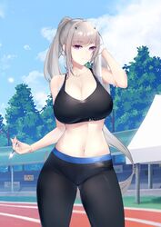  absurdres bare_shoulders black_sports_bra blue_eyes blue_sky breasts bright_pupils cleavage cloud collarbone commentary_request contrapposto counter:side cowboy_shot day female grey_hair hand_on_own_head highres kruup large_breasts leggings light_smile long_hair looking_at_viewer navel outdoors pants ponytail purple_eyes seo_yoon sidelocks sky solo sports_bra sportswear stomach sweat tight_clothes tight_pants towel track_and_field very_long_hair wiping_sweat 