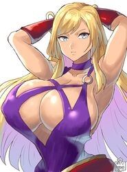  blonde_hair blue_eyes breasts chikoinochi choker cleavage dress female gloves highres jenet_behrn large_breasts looking_at_viewer purple_dress red_gloves the_king_of_fighters watermark white_background 