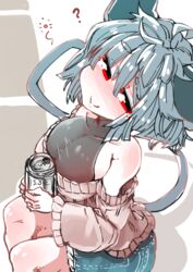  absurd_res animal_humanoid big_breasts blush bottomwear breasts can clothed clothing container female grey_hair hair hi_res holding_object humanoid mammal mammal_humanoid mouse_humanoid murid murid_humanoid murine murine_humanoid nazrin question_mark red_eyes rodent rodent_humanoid sabitare short_hair shorts side_boob sitting smile solo sweater topwear touhou 