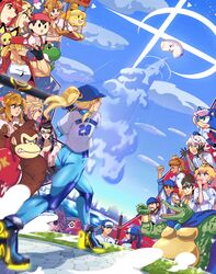  &gt;_&lt; 6+boys 6+girls :d :o animal animal_crossing animal_ears ape ass backwards_hat baseball_bat baseball_cap baseball_uniform bayonetta bayonetta_(series) blonde_hair blue_bodysuit blue_eyes blue_hair blue_sky blush bodysuit bodysuit_under_clothes breasts character_name chest_jewel circlet cloud cloud_strife commentary corrin_(fire_emblem) corrin_(male)_(fire_emblem) crown day dog_ears dog_girl donkey_kong donkey_kong_(series) donkey_kong_country dragon_quest dragon_quest_iii english_commentary fatal_fury final_fantasy final_fantasy_vii fire_emblem fire_emblem_awakening fire_emblem_fates glasses gloves gun hat headpiece hero_(dq3) hero_(dq8) highres holding holding_baseball_bat isabelle_(animal_crossing) k_rool link long_hair lucina_(fire_emblem) mario_(series) medium_breasts metal_gear_(series) metal_gear_solid metroid mole mole_under_mouth mother_(game) mother_2 multiple_boys multiple_girls munchie_(dq8) mythra_(massive_melee)_(xenoblade) mythra_(xenoblade) ness_(mother_2) open_mouth pichu pointy_ears pokemon pokemon_(creature) pokemon_(game) ponytail princess_daisy princess_peach princess_zelda pyra_(xenoblade) red_eyes red_hair red_shorts ridley roto_(dq3) samus_aran sandbag_(smash_bros) short_hair shorts simple_background skin_tight sky smile solid_snake sonic_(series) sonic_the_hedgehog sportswear standing super_smash_bros. swept_bangs terry_bogard the_king_of_fighters the_legend_of_zelda the_legend_of_zelda:_a_link_between_worlds the_legend_of_zelda:_breath_of_the_wild tiara twitter_username watermark weapon xenoblade_chronicles_(series) xenoblade_chronicles_2 yoshi zero_suit zoruachu 