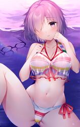  aozora_nan bad_id bad_pixiv_id bare_arms bare_shoulders bikini black-framed_eyewear breasts cleavage collarbone commentary_request crop_top crop_top_overhang fate/grand_order fate_(series) female glasses groin hair_over_one_eye hands_up highres large_breasts leg_up light_purple_hair looking_at_viewer lying mash_kyrielight mash_kyrielight_(swimsuit_of_perpetual_summer_ver.02) multicolored_bikini multicolored_clothes navel official_alternate_costume on_back partial_commentary purple_eyes see-through short_hair side-tie_bikini_bottom sleeveless smile solo stomach striped_bikini striped_clothes swimsuit thighs unworn_eyewear 