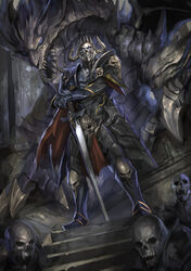  4boys armor blue_eyes cape closed_mouth dragon fantasy gauntlets glowing glowing_eyes greaves holding holding_sword holding_weapon horns indoors knight looking_at_viewer multiple_boys open_mouth original pauldrons photoshop_(medium) planted planted_sword red_cape sharp_teeth shoulder_armor shousuke_(skirge) skeleton skull stairs standing sword talons teeth torn_cape torn_clothes vambraces weapon 