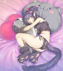  animal_hands ass back black_bra black_hair black_panties bra breasts cat_lingerie cleavage female gloves highres hug indie_virtual_youtuber kiyama_satoshi kuroike_momimi looking_at_viewer lying meme_attire on_side oppai_loli panties paw_gloves paw_shoes pillow purple_hair solo tail twintails underwear underwear_only virtual_youtuber yellow_eyes 