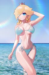  absurdres aqua_bikini ass bare_shoulders bikini blonde_hair blue_eyes blue_sky blush breasts commentary cookiedusty crown curvy earrings english_commentary female hair_over_one_eye highres horizon jewelry large_breasts lens_flare lips long_hair looking_back mario_(series) mini_crown narrow_waist ocean rosalina sky smile solo star_(symbol) star_earrings summer swimsuit thighs underwear wading water 