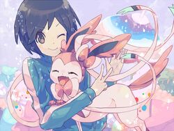  1boy black_hair blue_jacket buntatta calem_(pokemon) closed_mouth commentary_request eyelashes grey_eyes jacket long_sleeves looking_at_viewer male_focus one_eye_closed pokemon pokemon_(creature) pokemon_xy short_hair smile sylveon upper_body v v-shaped_eyebrows 