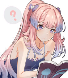  ? alternate_costume bare_arms bare_shoulders blue_hair book bow breasts camisole chibi_vanille commentary female genshin_impact gradient_hair hairbow long_hair multicolored_hair pink_hair ponytail purple_bow purple_eyes sangonomiya_kokomi simple_background small_breasts solo spaghetti_strap spoken_question_mark upper_body very_long_hair white_background 